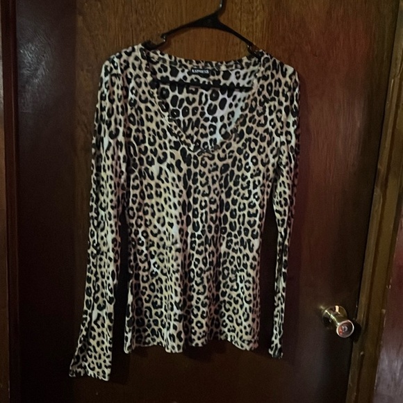 Express Women’s Leopard Ling Sleeve V-Neck Shirt - Picture 1 of 3